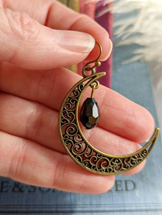 Black Teardrop Crescent Moon Earrings