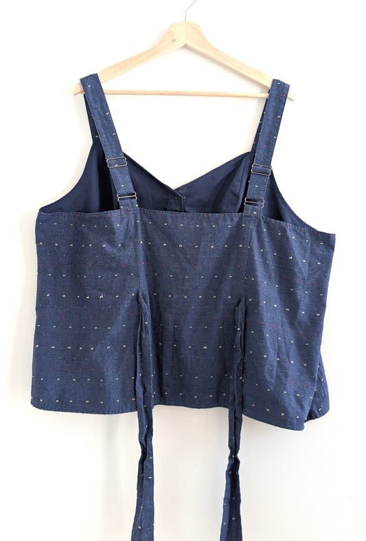Blue Textured Back-Tie Button-Up Tank Top