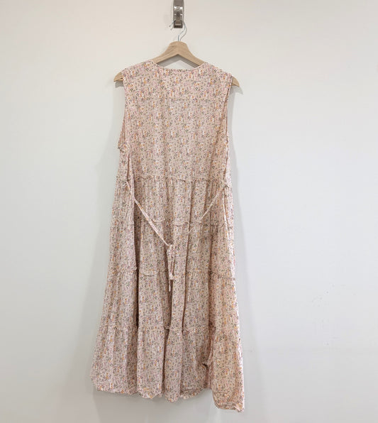 Pink Floral Sleeveless Dress with Ruffle Accents
