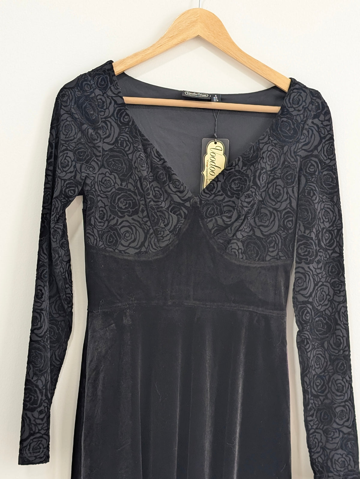 Black Long Sleeve Rose Velvet Burnout Dress (Small)