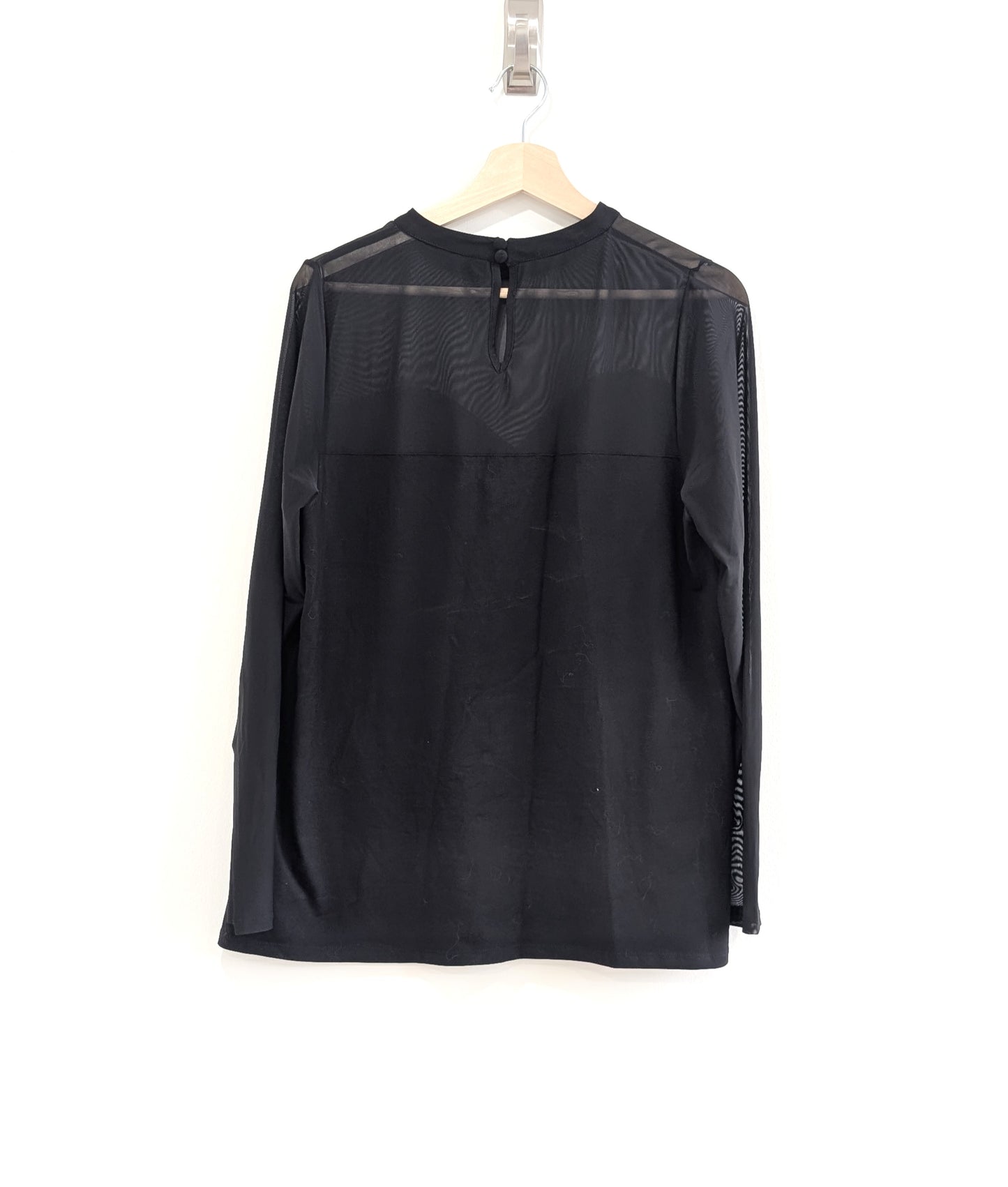 Black Mesh Sweetheart Neck Long Sleeve Top