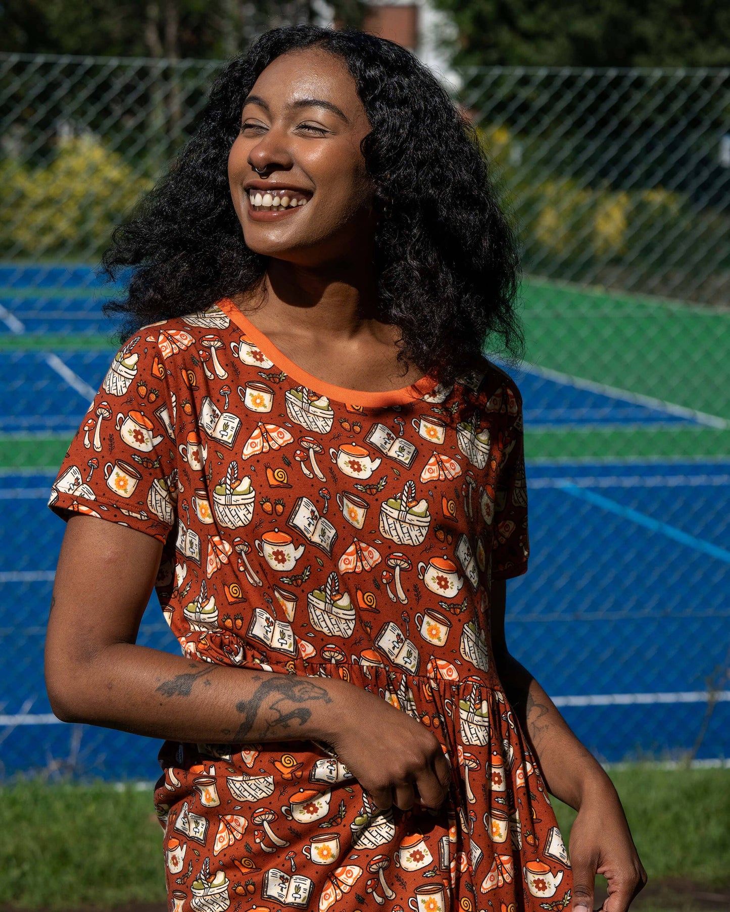 Mushroom Tea Party Midi Stretch Smock Dress