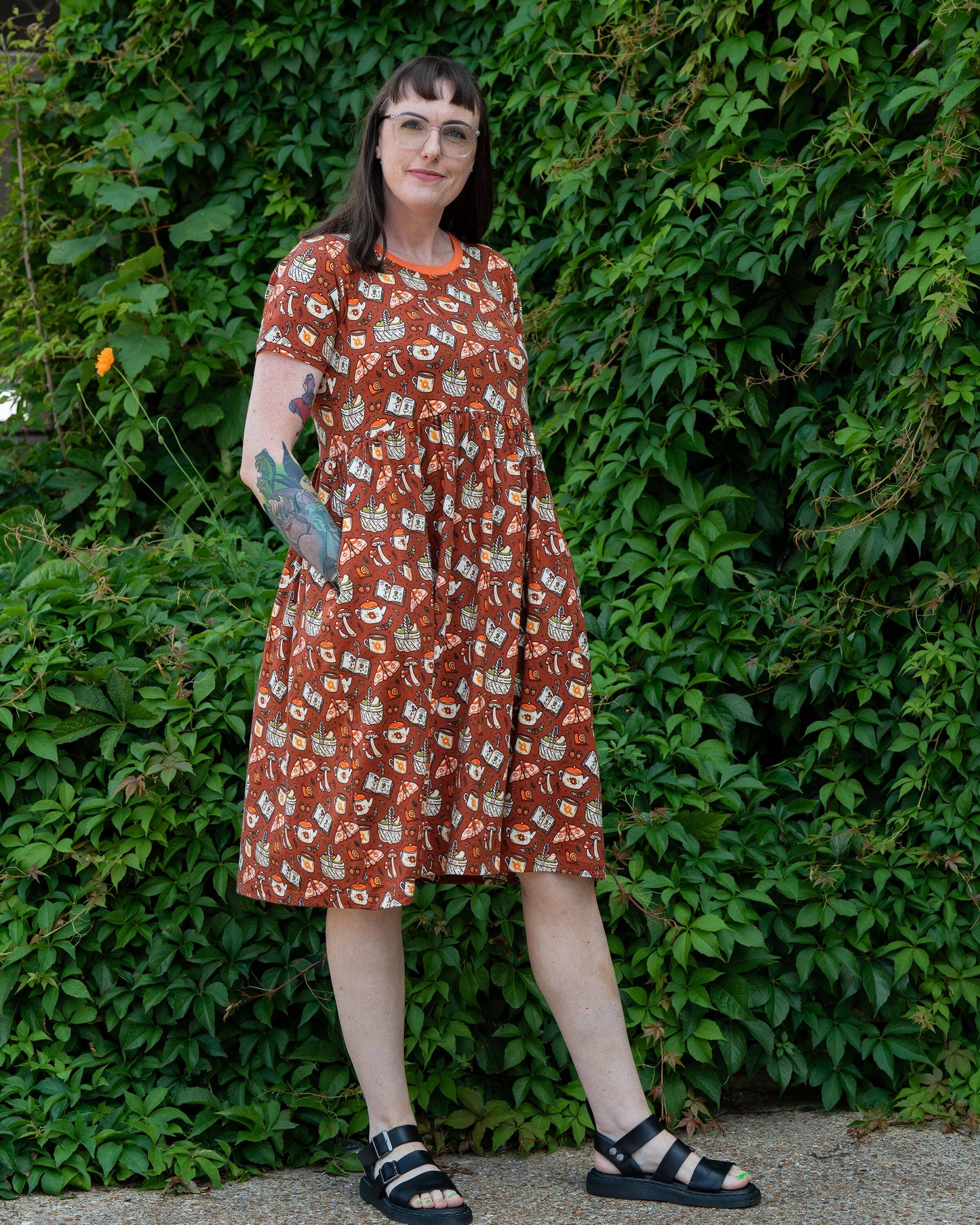 Mushroom Tea Party Midi Stretch Smock Dress