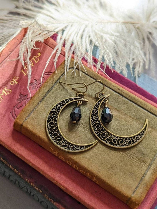 Black Teardrop Crescent Moon Earrings