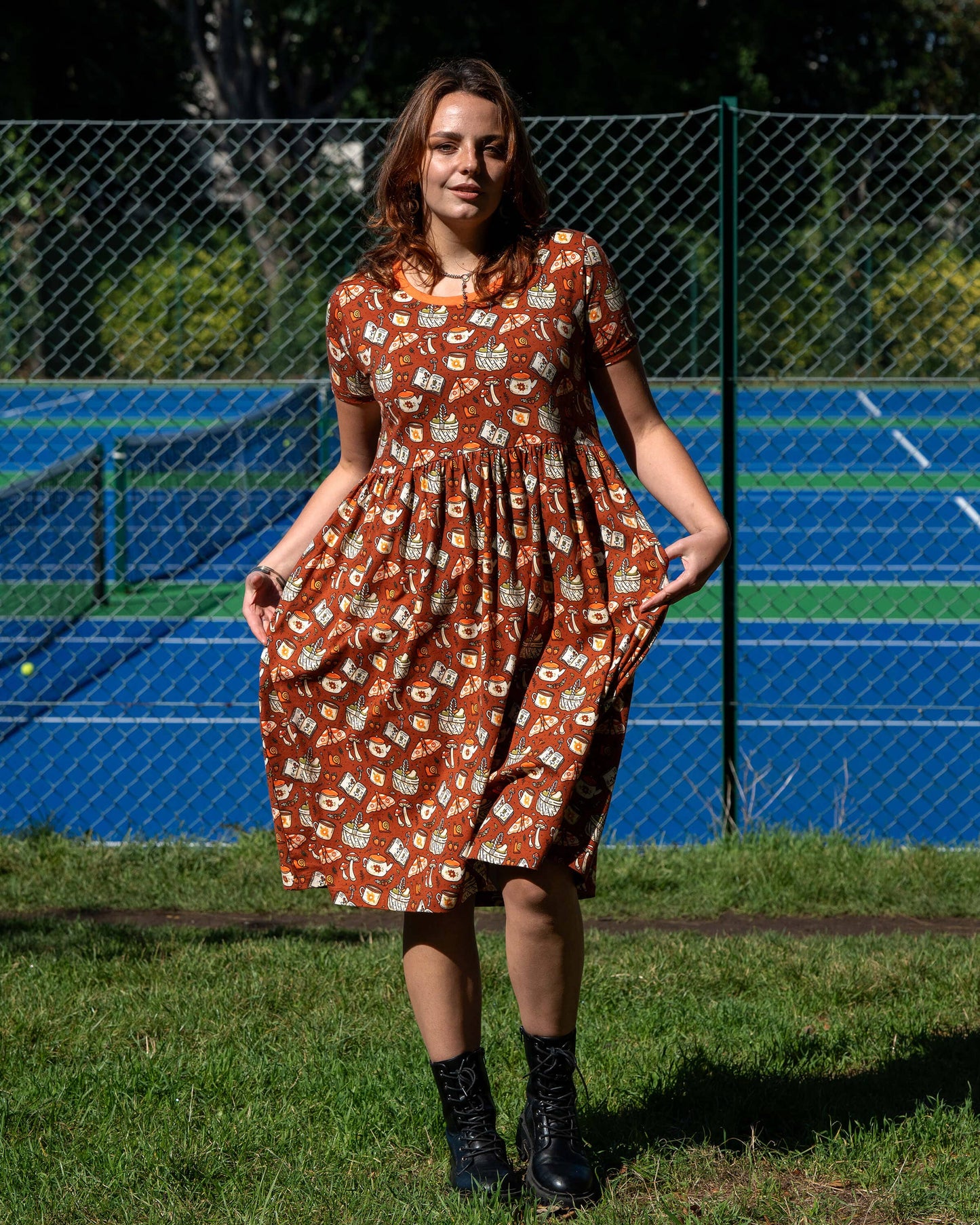 Mushroom Tea Party Midi Stretch Smock Dress