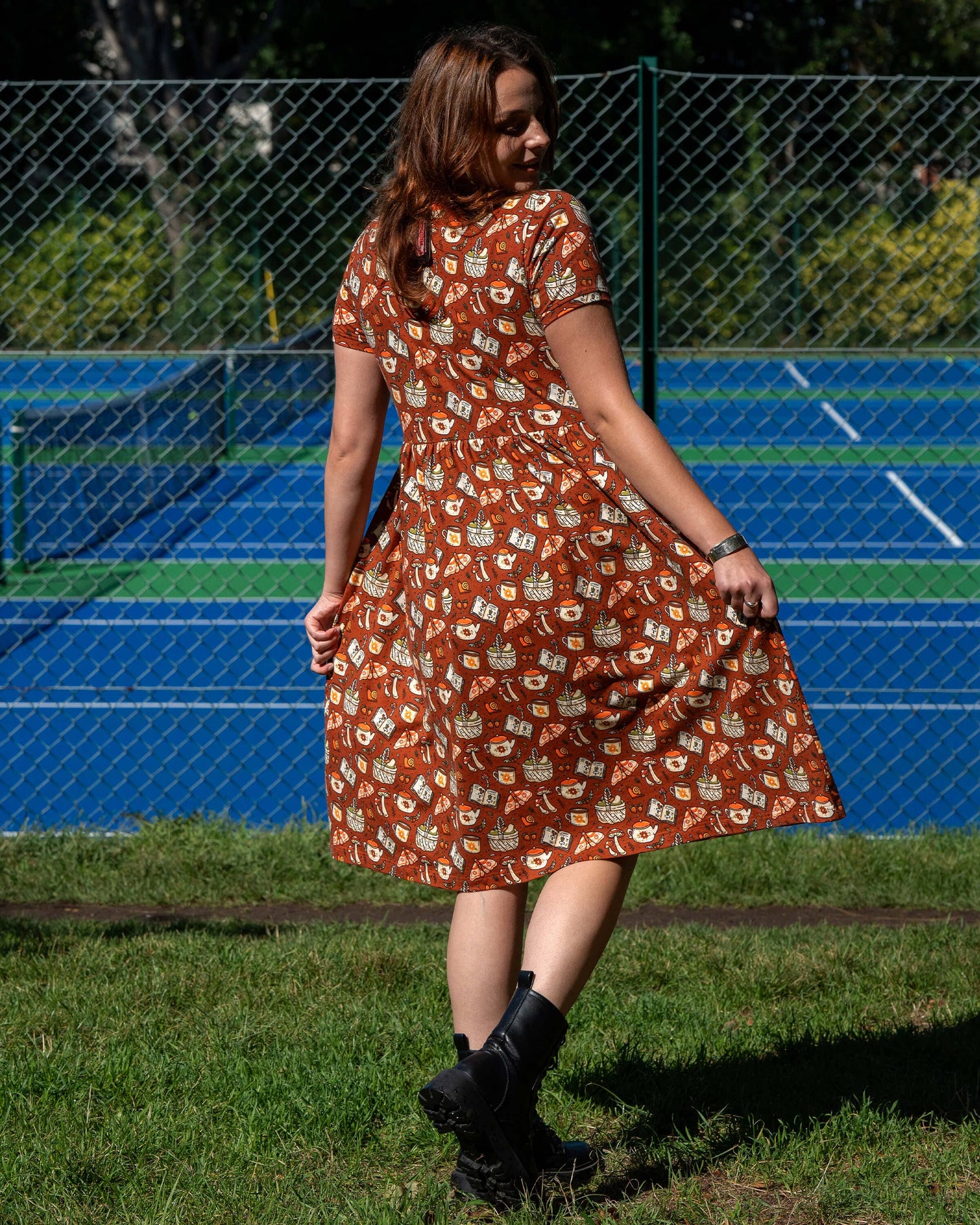 Mushroom Tea Party Midi Stretch Smock Dress