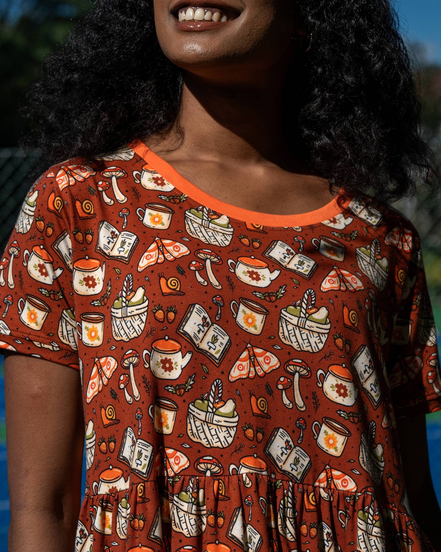 Mushroom Tea Party Midi Stretch Smock Dress