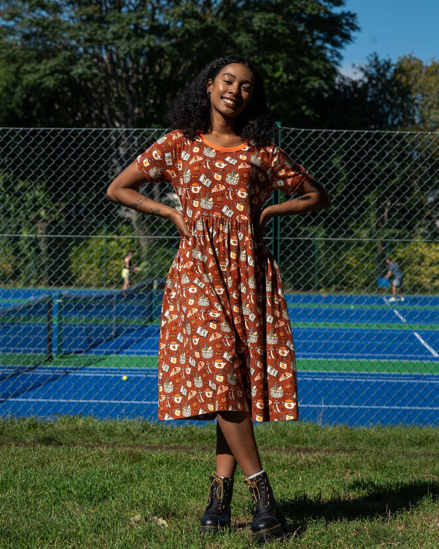 Mushroom Tea Party Midi Stretch Smock Dress