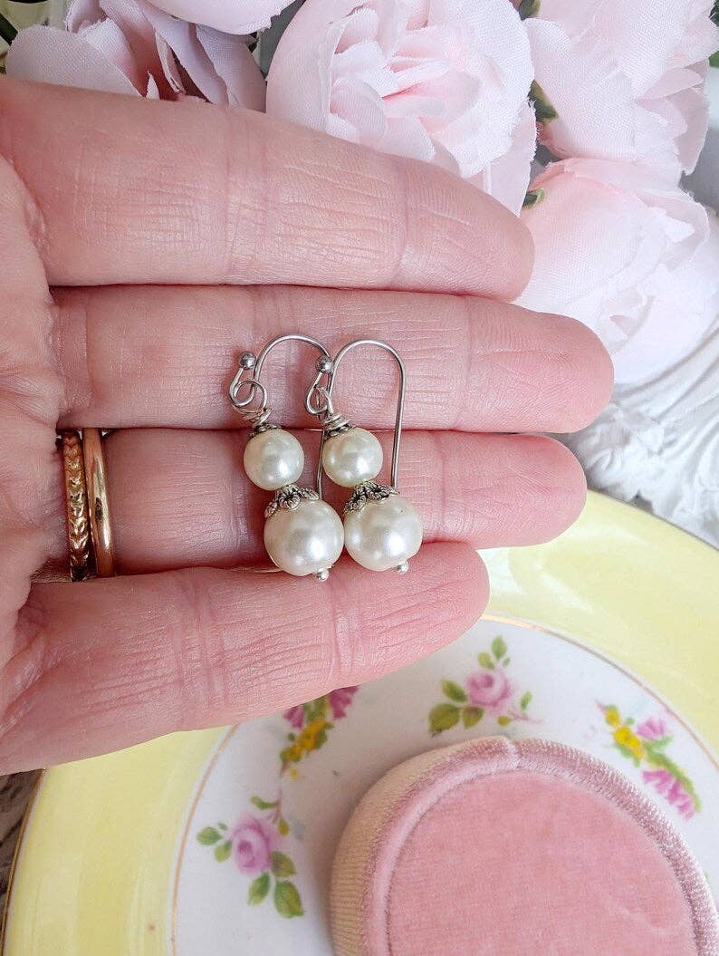 Ivory Double Pearl Drop Earrings
