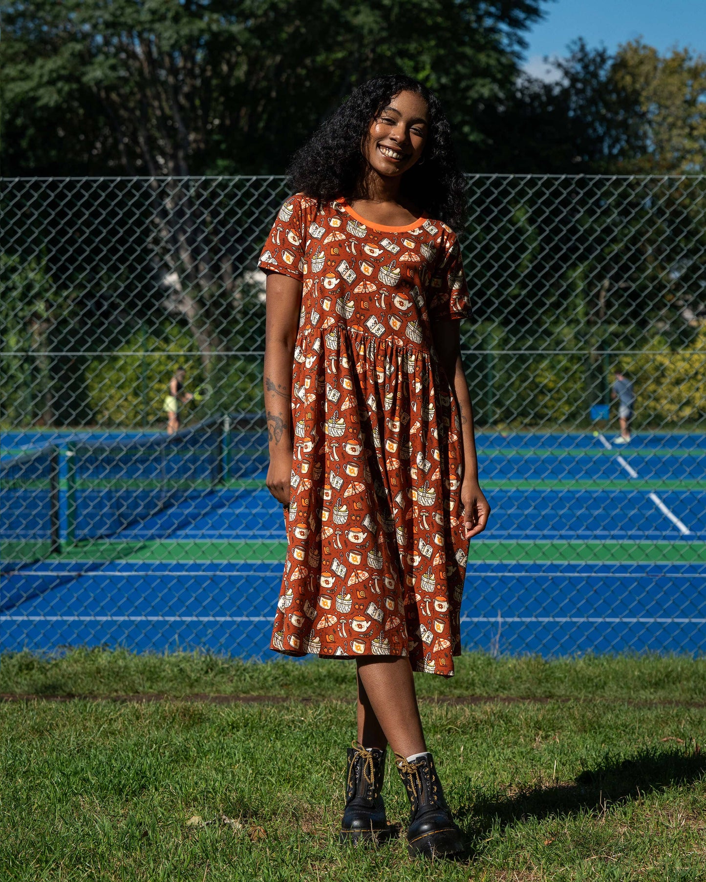 Mushroom Tea Party Midi Stretch Smock Dress