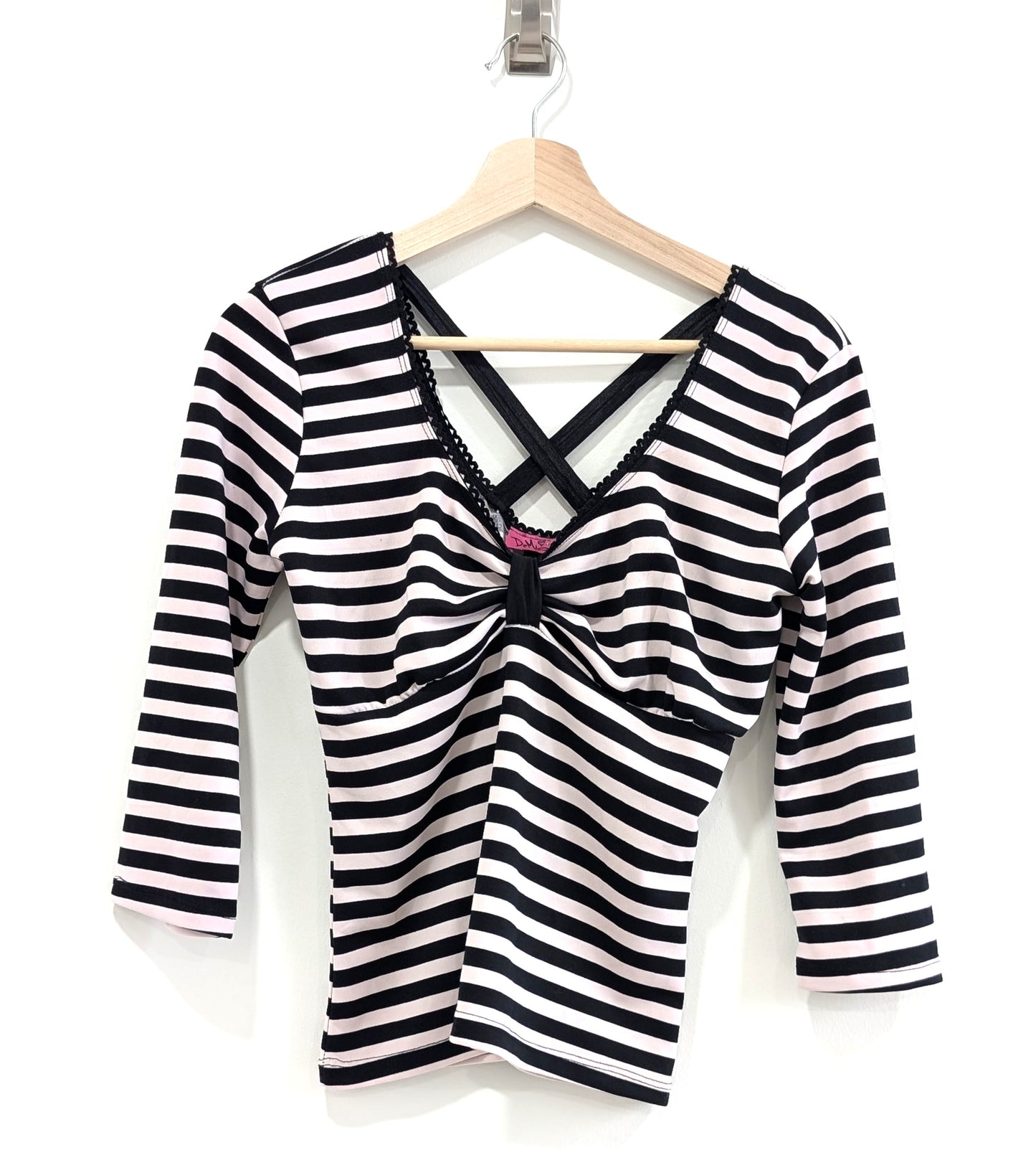 3/4 Sleeve Black and Pink Striped V-Neck Shirt