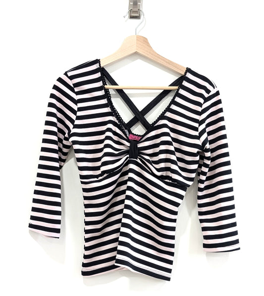 3/4 Sleeve Black and Pink Striped V-Neck Shirt