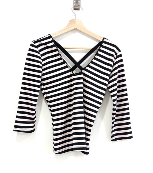 3/4 Sleeve Black and Pink Striped V-Neck Shirt