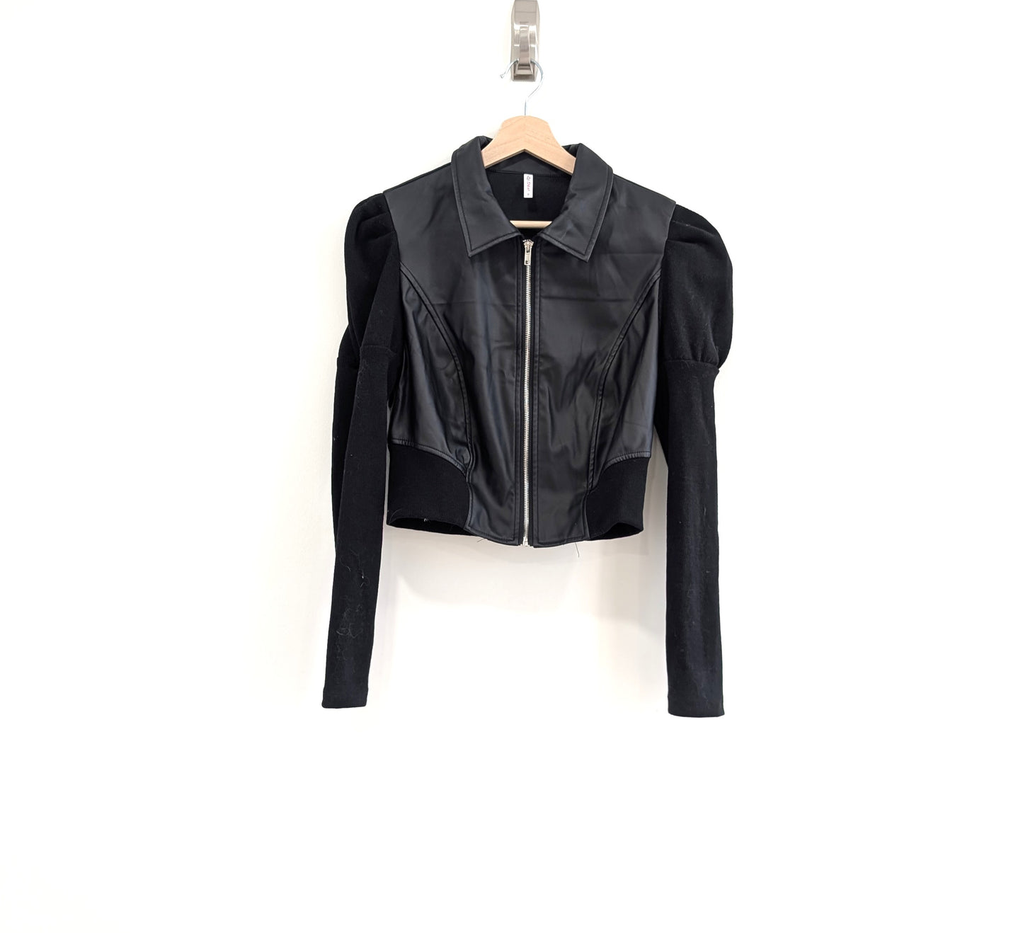 Faux Leather Jacket with Puffed Sleeves