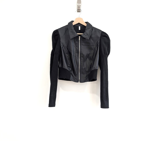 Faux Leather Jacket with Puffed Sleeves