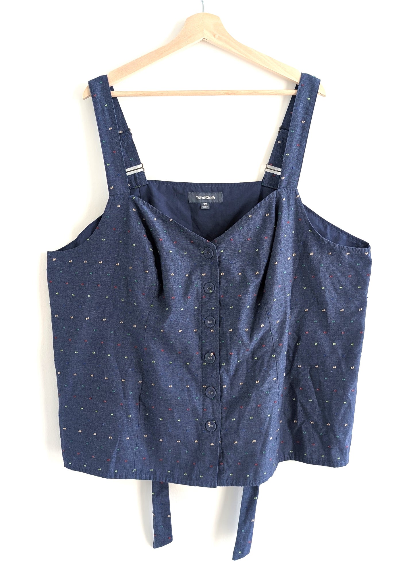Blue Textured Back-Tie Button-Up Tank Top
