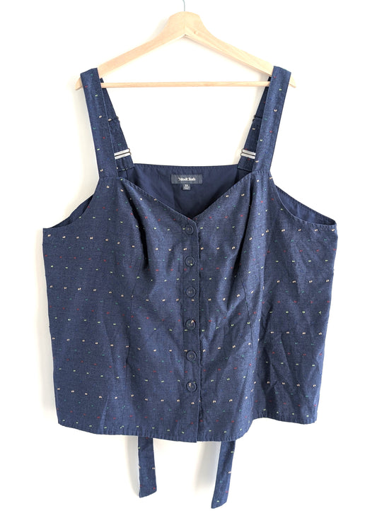 Blue Textured Back-Tie Button-Up Tank Top