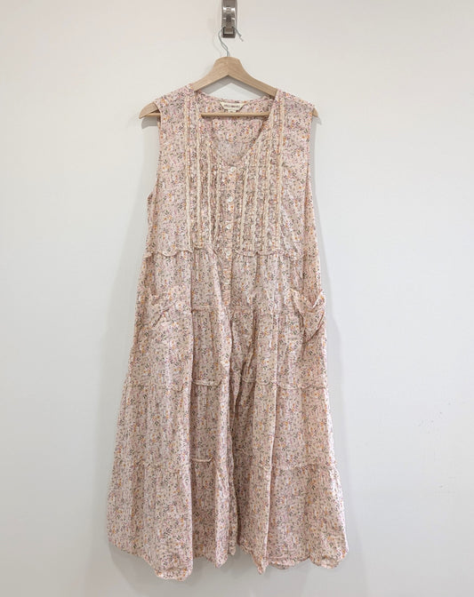 Pink Floral Sleeveless Dress with Ruffle Accents