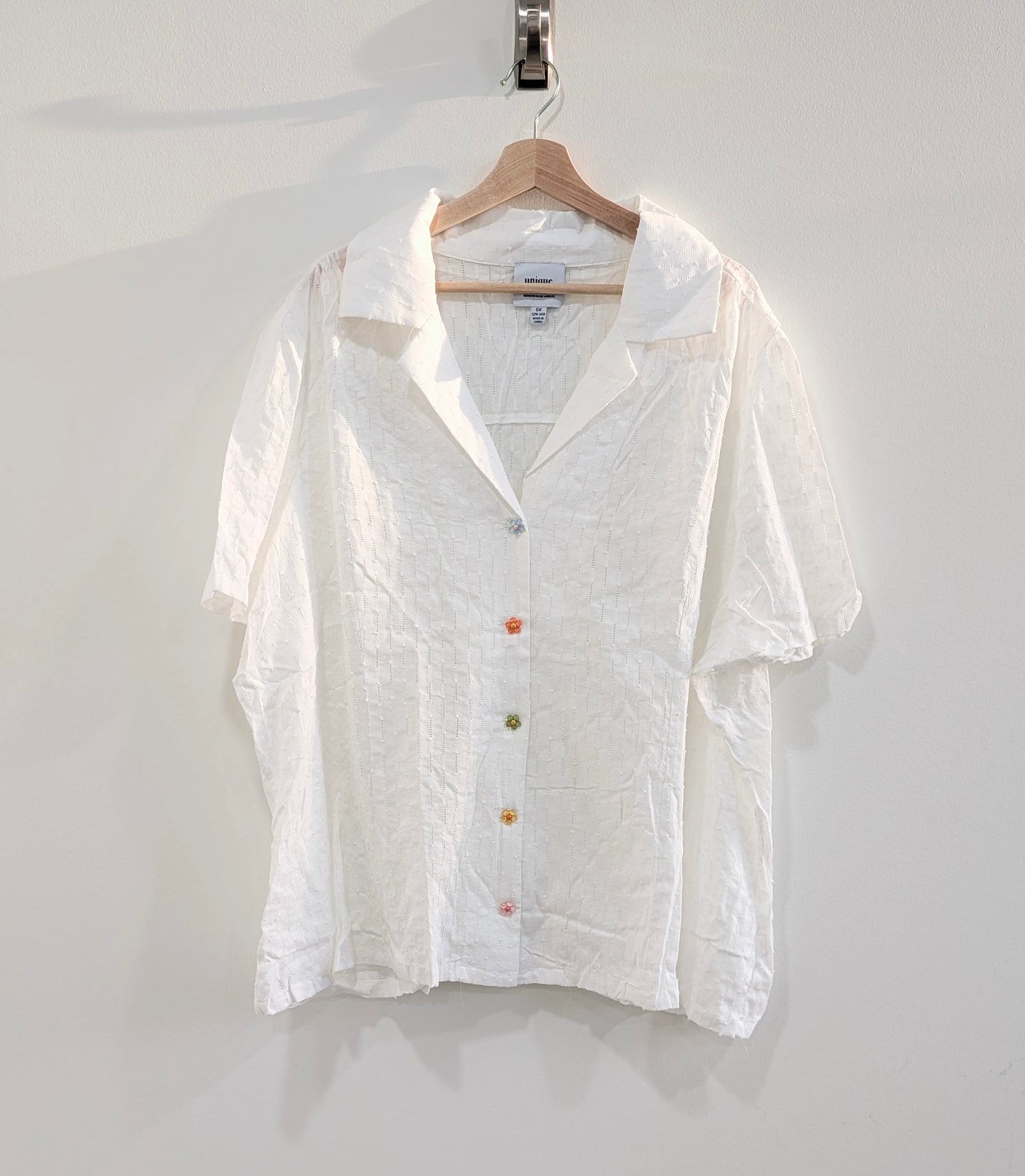 White Short Sleeve Blouse with Flower Buttons