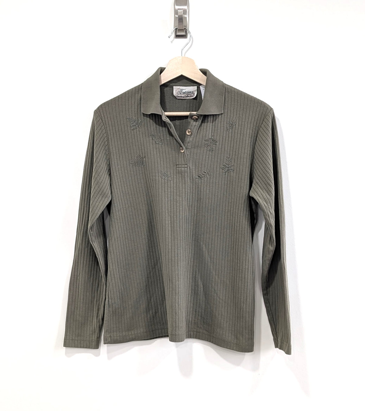 Light Green Long Sleeve Polo with Leaf Embroidery (Small)