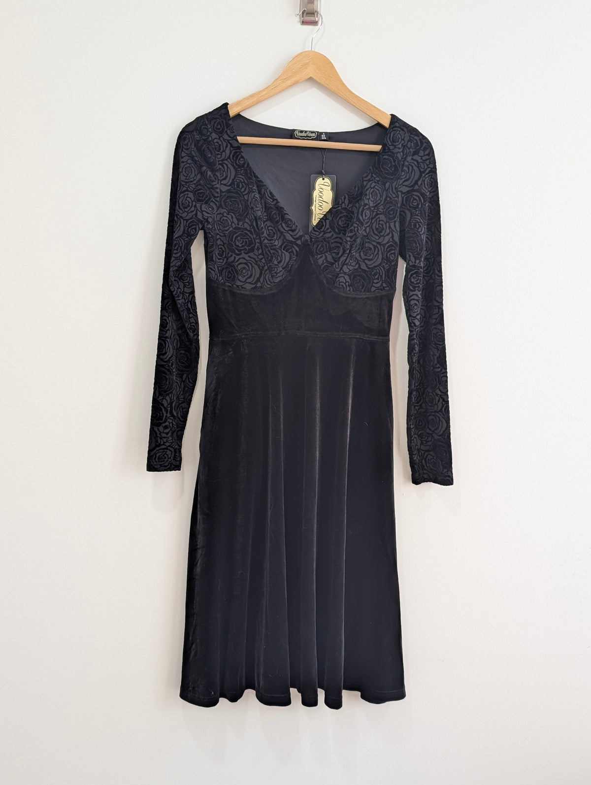 Black Long Sleeve Rose Velvet Burnout Dress (Small)