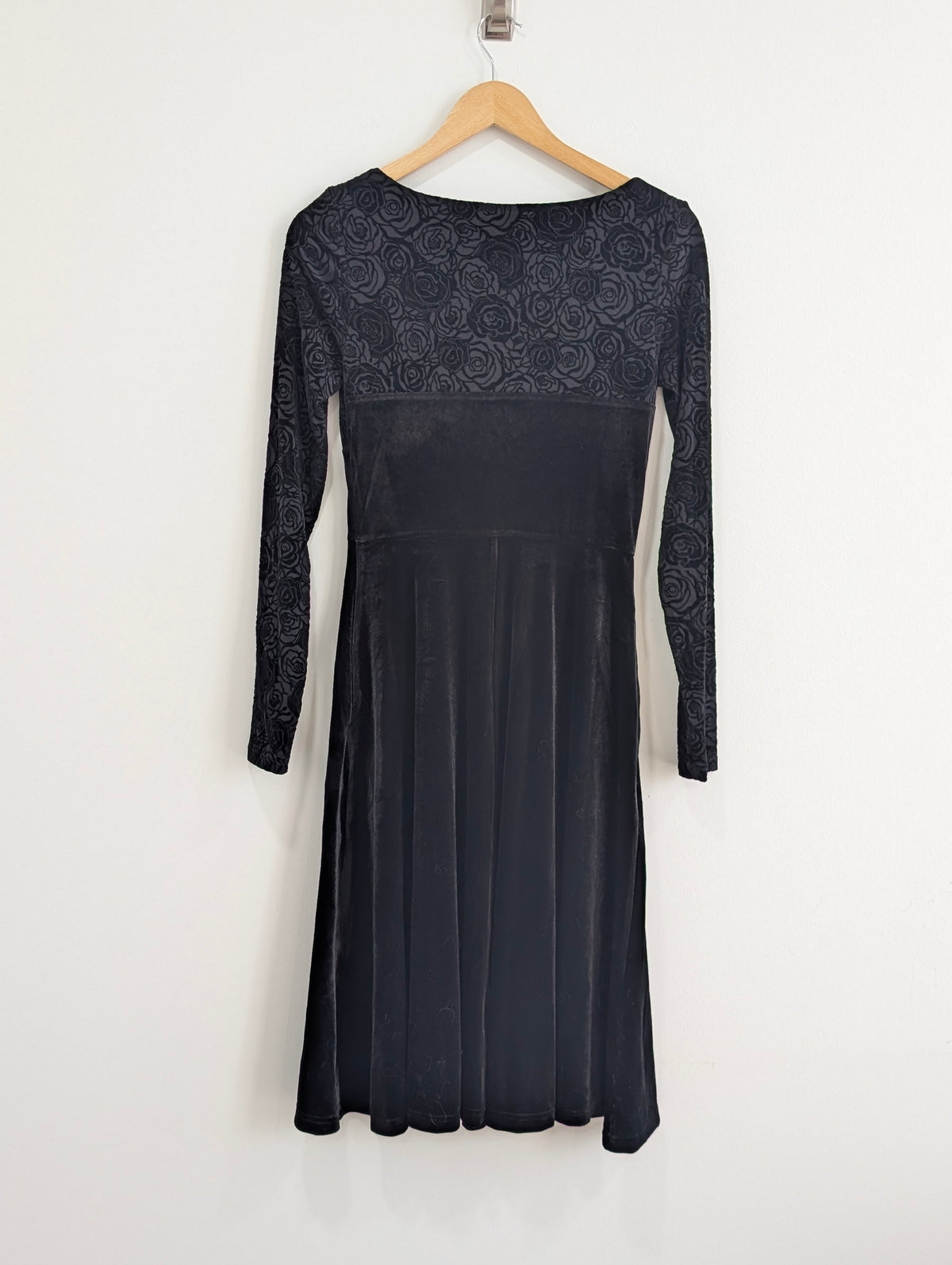 Black Long Sleeve Rose Velvet Burnout Dress (Small)