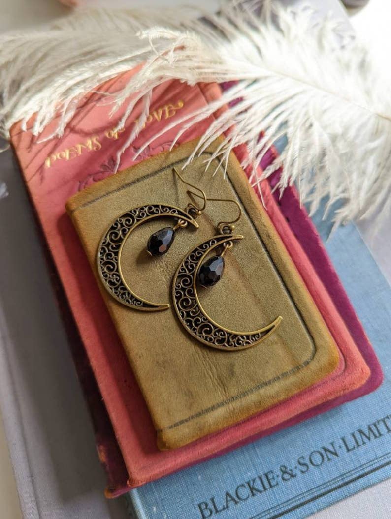 Black Teardrop Crescent Moon Earrings