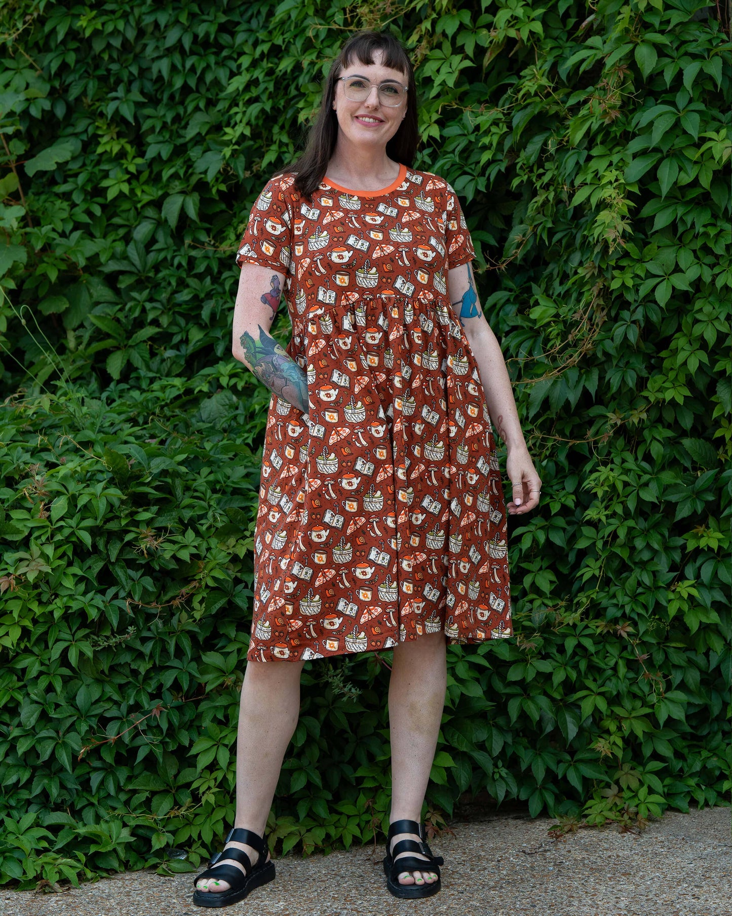 Mushroom Tea Party Midi Stretch Smock Dress