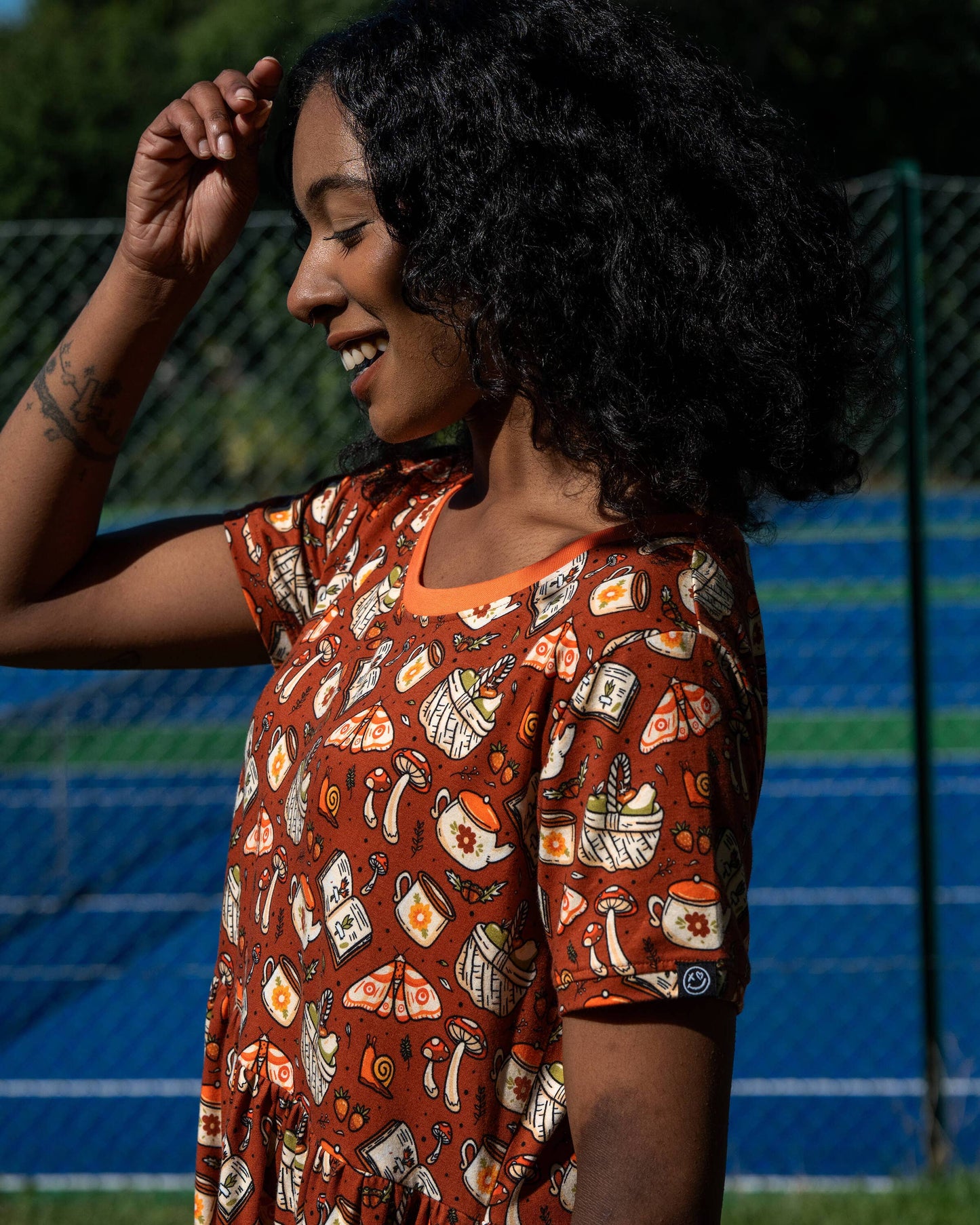 Mushroom Tea Party Midi Stretch Smock Dress