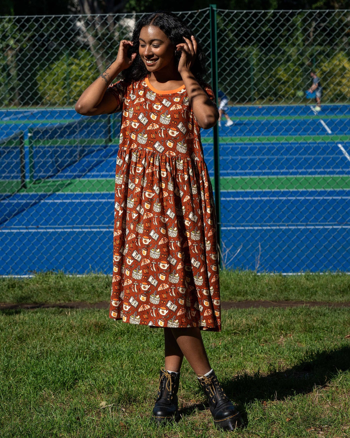 Mushroom Tea Party Midi Stretch Smock Dress