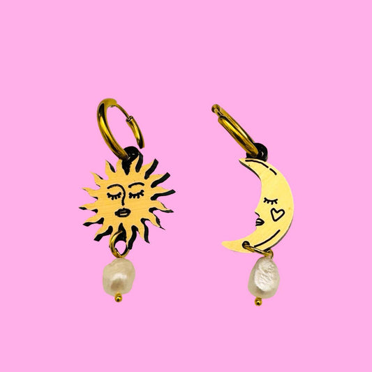 Sun and Moon Pearl Drop Earrings