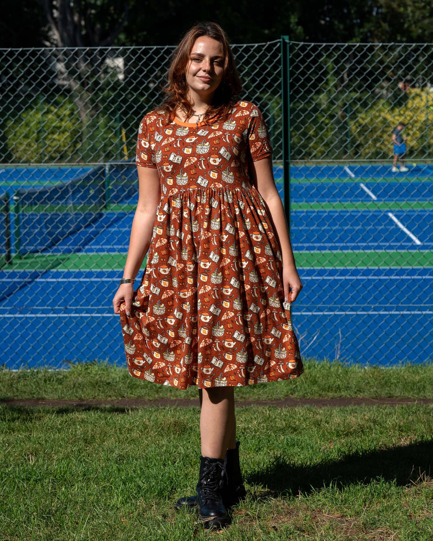 Mushroom Tea Party Midi Stretch Smock Dress